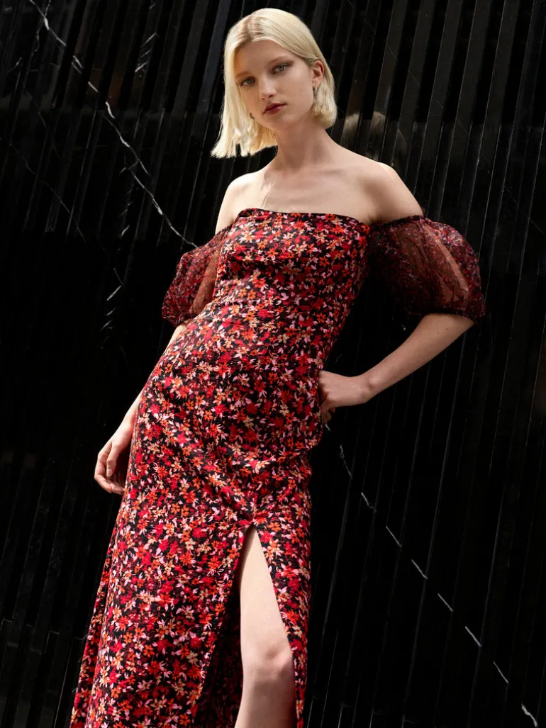 Clara Flavia Bardot Organza Puff Sleeve Dress<FRENCH CONNECTION Cheap