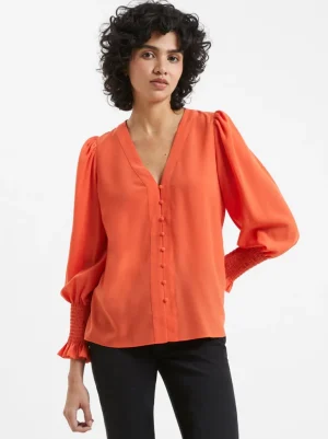Crepe V-Neck Smocked Sleeve Blouse<FRENCH CONNECTION New