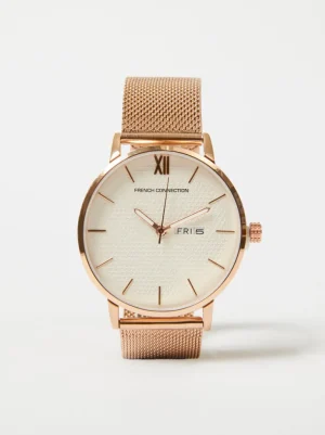 Rose Gold Tone Mesh Bracelet Watch with White Dial<FRENCH CONNECTION Flash Sale
